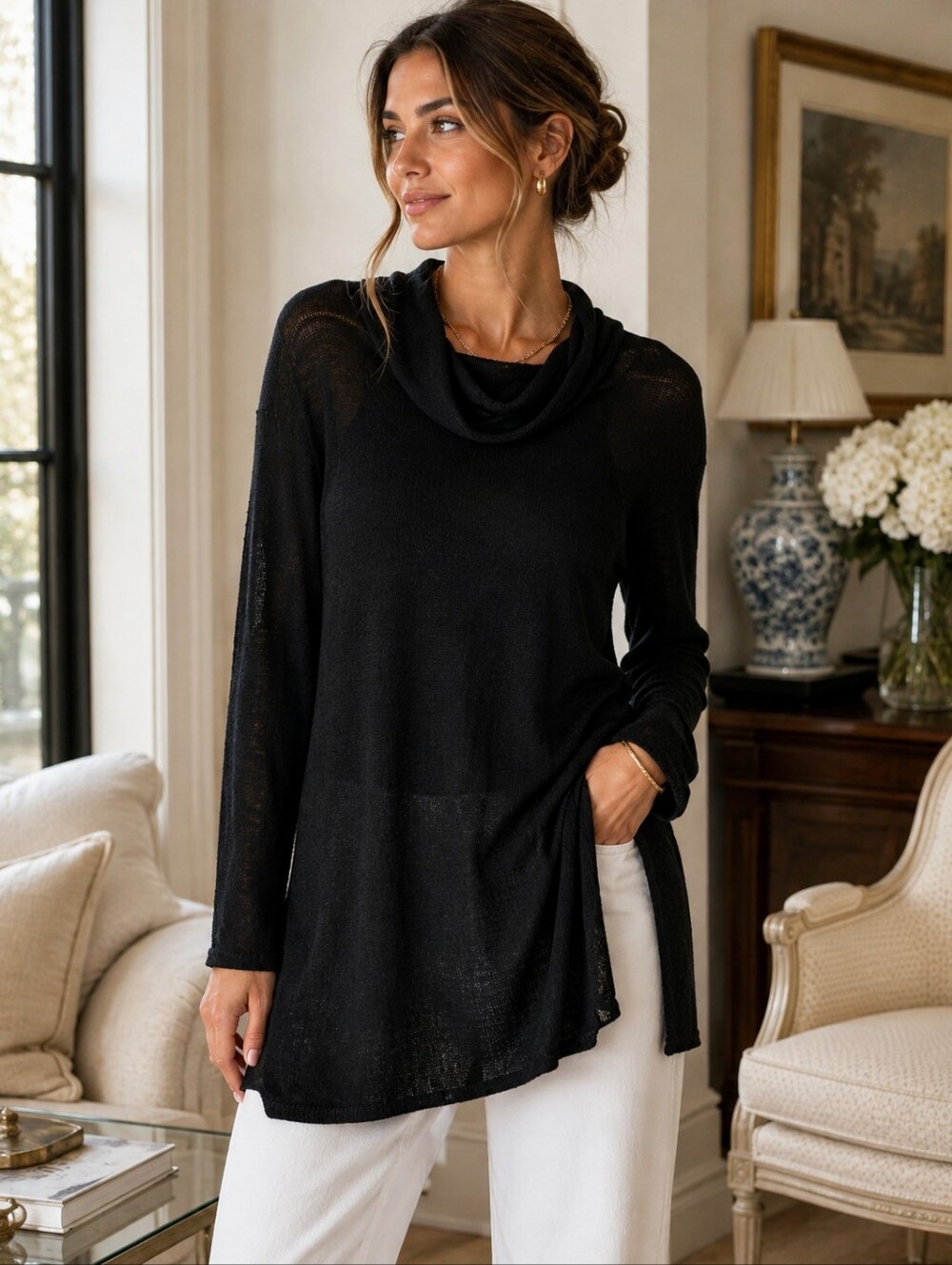 COLDWATER CREEK Sweater Womens Size XL Black Linen Cowl Neck Tunic Lagenlook